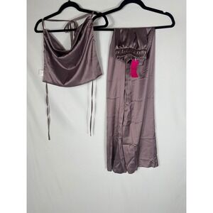 HONEYPLUM Satin Cowl Neck Halter Crop Top Wide Leg Pants Lounge Set Mauve SM